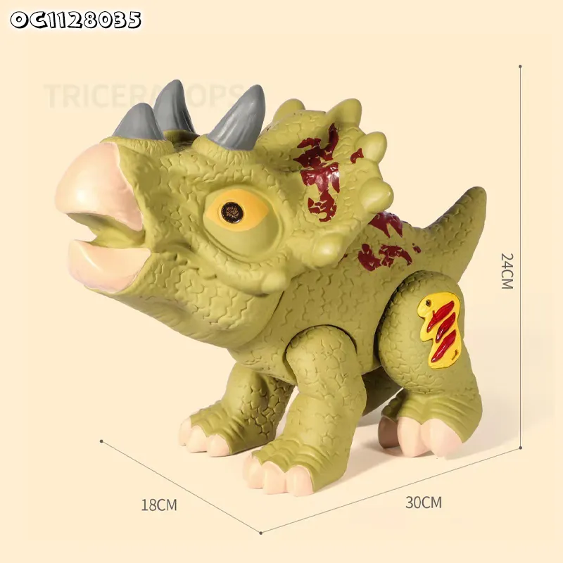 Children Triceratops Electric Toy Dinosaur Model Moving and Can Walk Battery Operated with Night Light and Sound for Kids