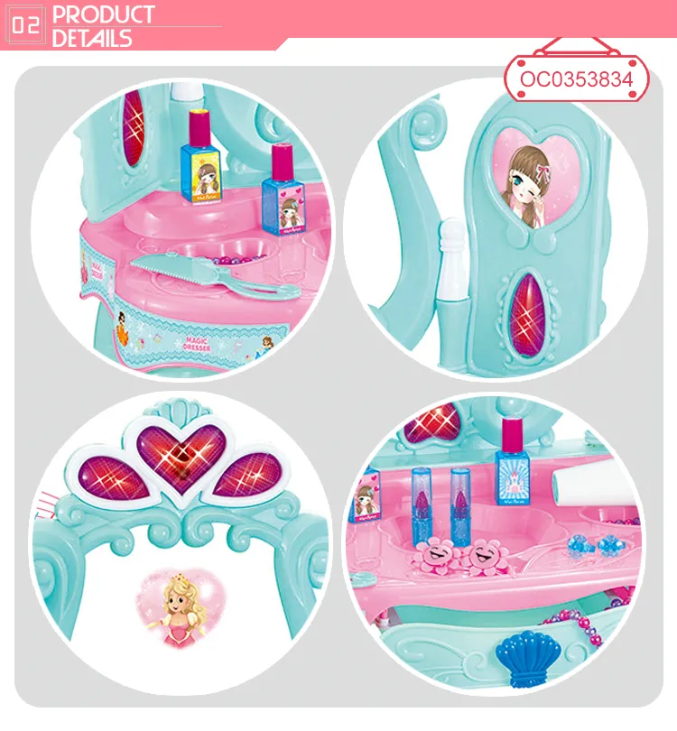 Musical Toy Little Baby Girl Makeup Table with Induction Opening Door Mirror