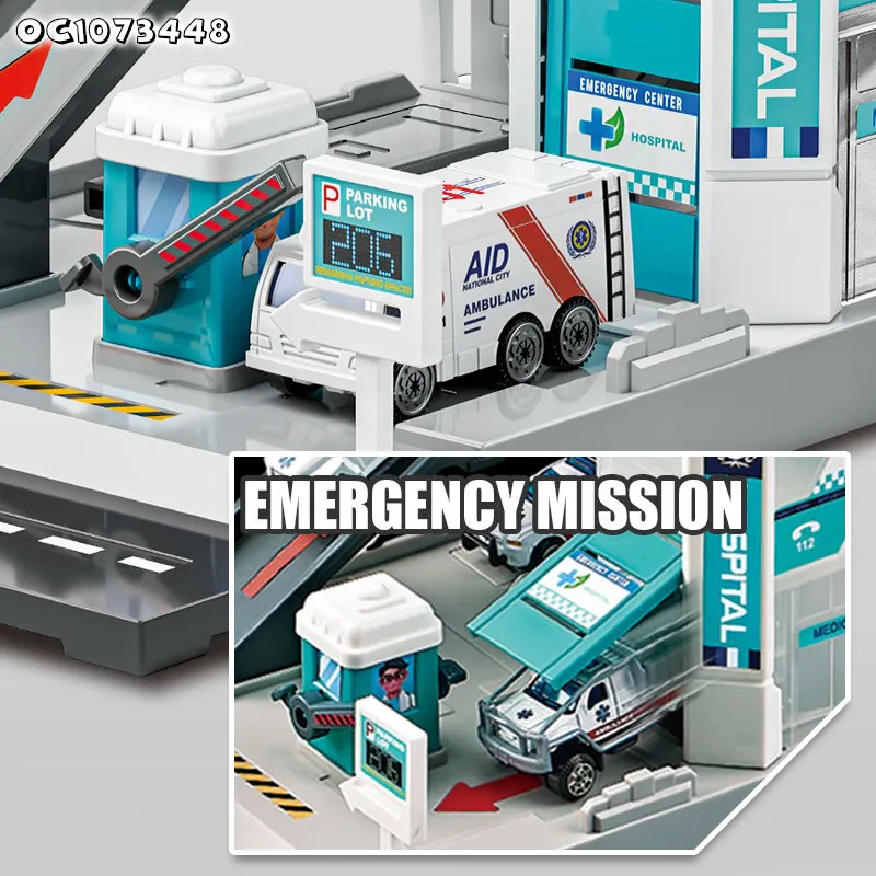 New Trending Simulation Cartoon City Track Parking Lot 2 in 1 Ambulance Toy Car Pretend Play Hospital Track for Kids with Plane