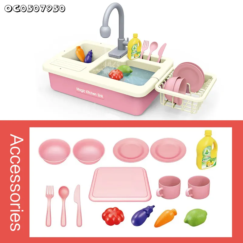 Kid Kitchen Electric Tool Set Sink Water Spray Pretend Play Vegetable Fruit Food Toy
