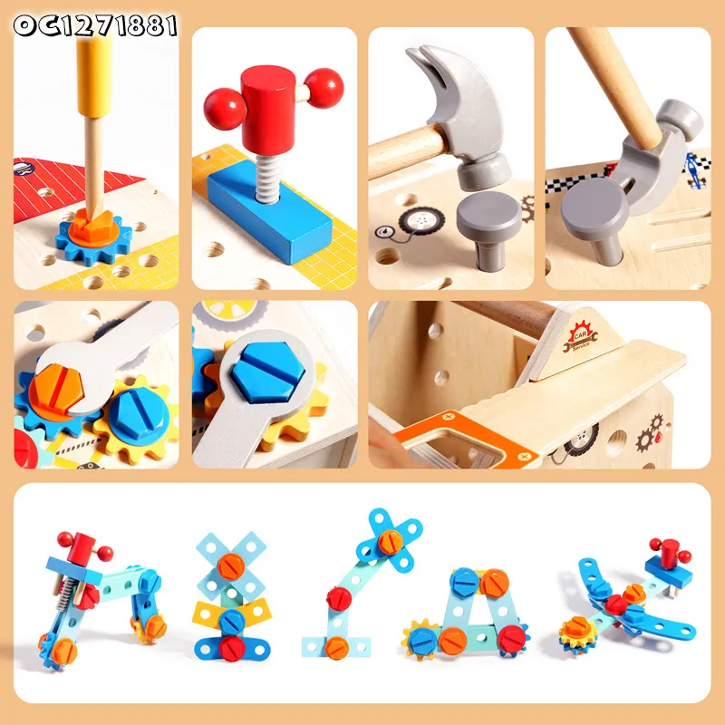 Screws and Nuts Home Exercise Hand Wooden Educational Toys Construction Equipments Tool Engine Repair Sets Toys for Boys with Storage