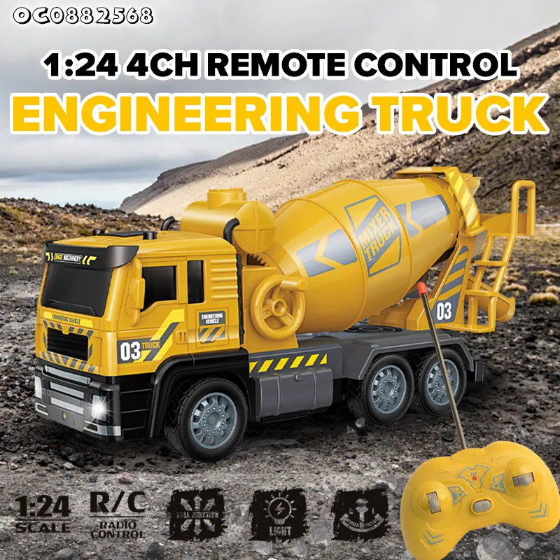 RC Plastic Concrete Mixer Truck Model 1: 24 Scale Engineering for Kids with Light with Remote Control Toys