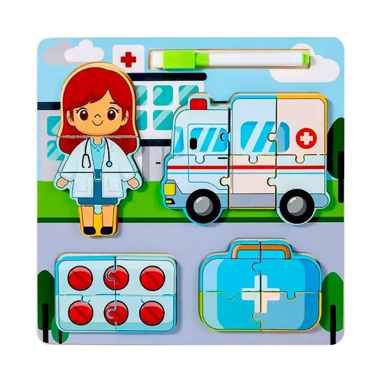 3D Ambulance Kid DIY Wooden Puzzle Toy Intelligence Early Education Vehicle Creative Montessori Toy