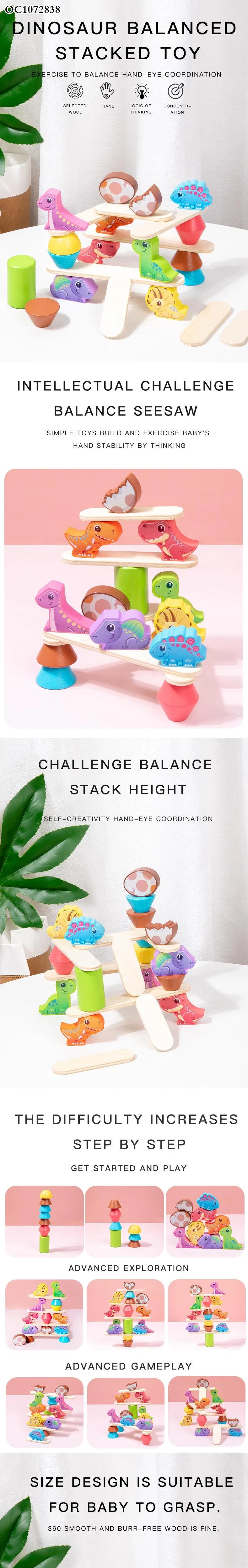 Cartoon Animals Stacking up Wooden Tower Blocks Balance Child Custom Board Game Toy with Dinosaur for Wholesale