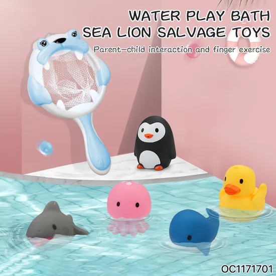Wholesale Summer Montessori Rubber Cartoon Sea Animal Figure Custom Bath Fishing Water Gift Bath Toy for Kids
