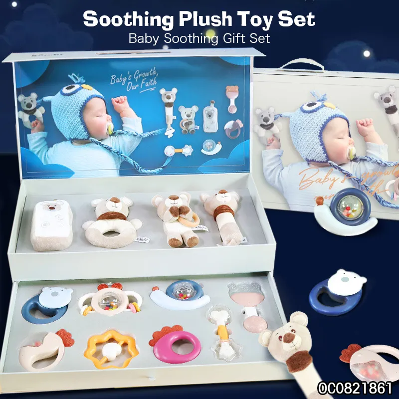 Custom Logo Sensory Toy New Born Baby Rattles Toys Plush Bear Gift Set Toy