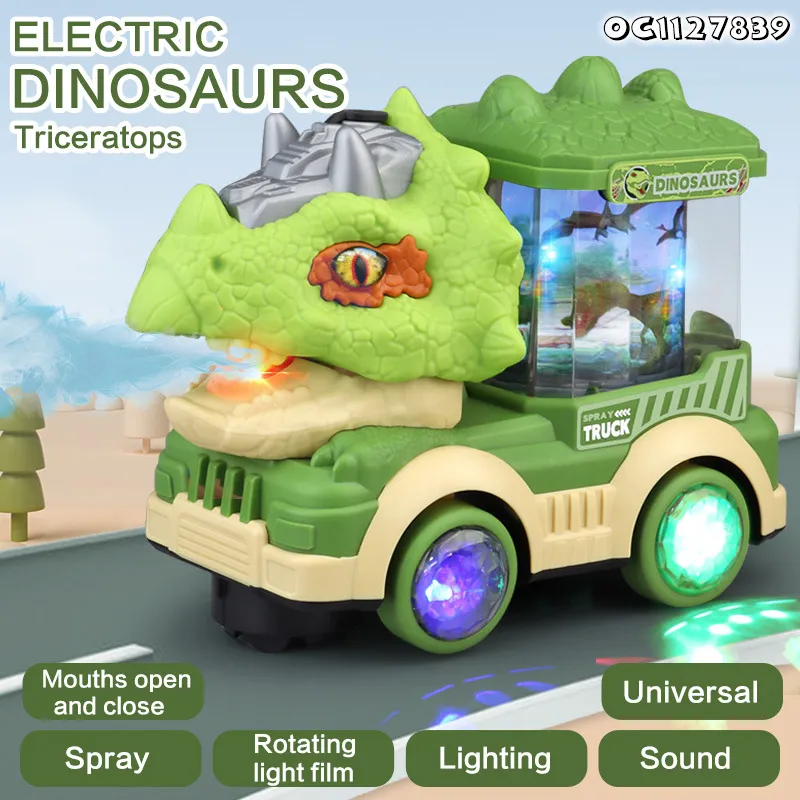 Universal Moving Mouth Water Mist Spray Dinosaur Friction Battery Powered Trucks Transport Car Carrier Toy with Light and Sound