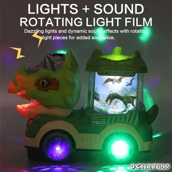 Universal Moving Mouth Water Mist Spray Dinosaur Friction Battery Powered Trucks Transport Car Carrier Toy with Light and Sound