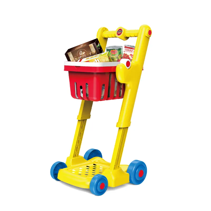 Eco Friendly Kids Plastic Home Supermarket Pretend Play Trolleys Toys Set Baby Foldable Shopping Cart with Wheels