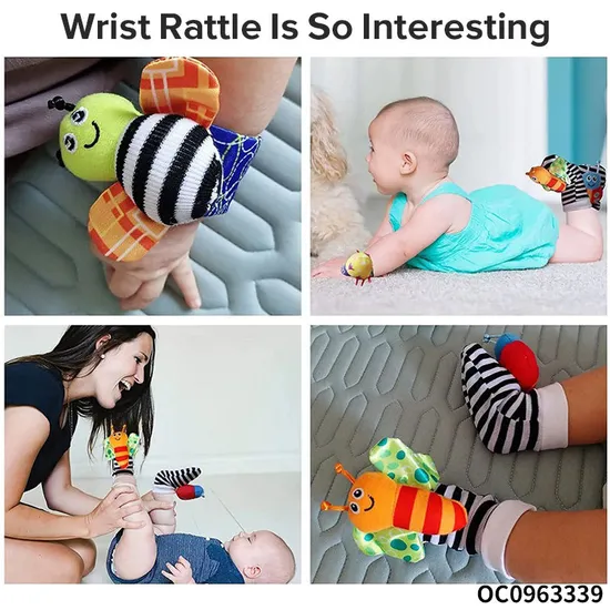 Infant Gift Early Educational Soft Plush Stuffed Toddler 3D Animal Baby Sock with Sensory Rattle Toy for Newborn Hand Wrist Foot
