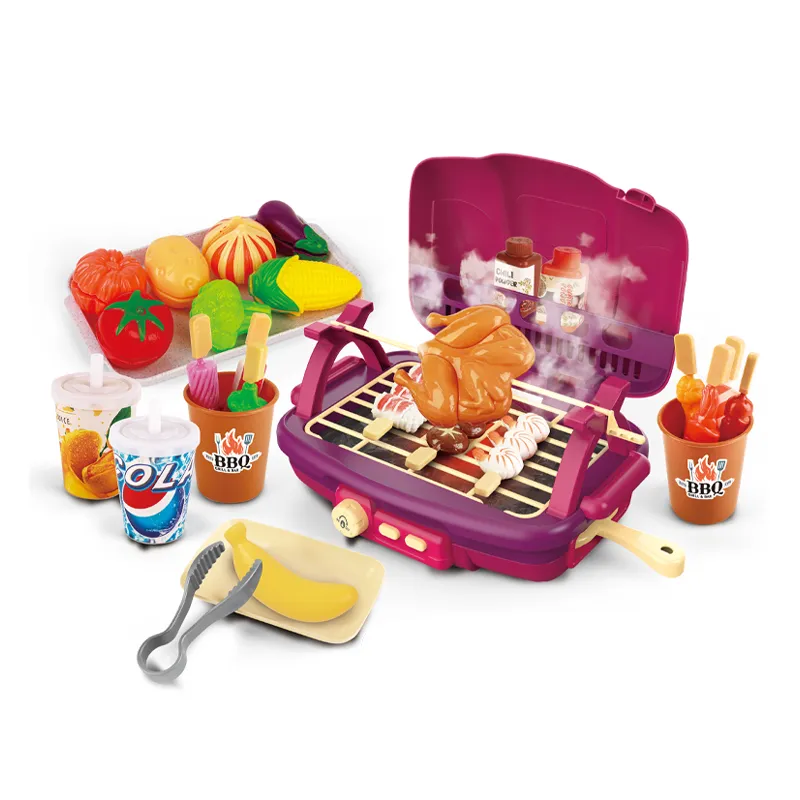 Wholesale Simulation Food Pretend Barbecue Kids Role Play Pink Children's Plastic Mini Kitchen Eaducational Set Toy with Spray
