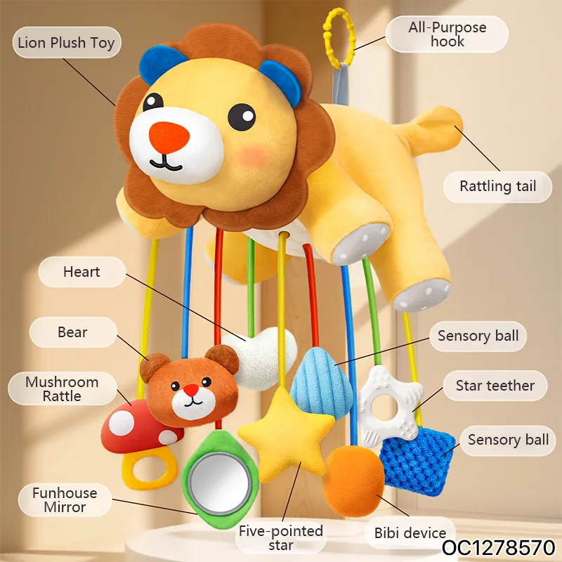 Hanging Custom Plush Toy Stuffed Lion Animal Newborn Pull String Toys Baby Rattles Crib Mobile Electric Rotating Toy for Infant Bed