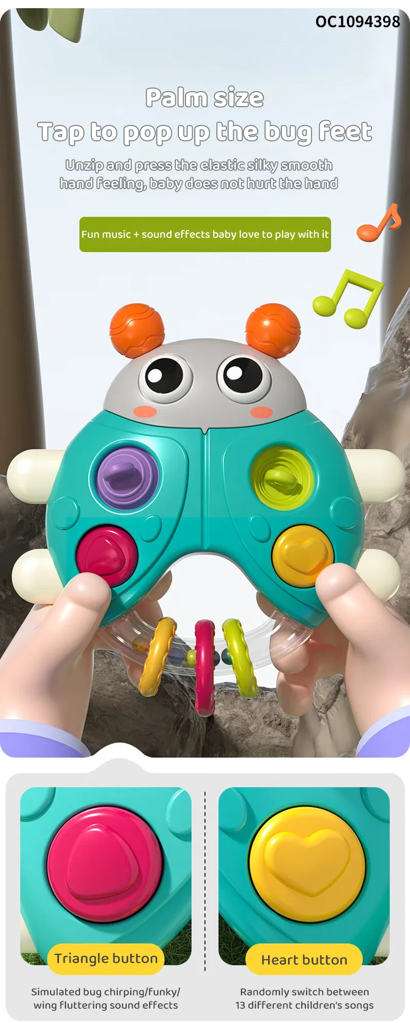 Battery Operated Baby Rattles Montessori Silicone Press Button Game 0-24 Months Toys with Light Music for Hand Eye Coordination Train