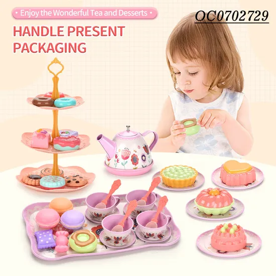 Wholesale Tableware Food Children Play Afternoon Tea Pink Plastic Kitchen Pretend Toy Set