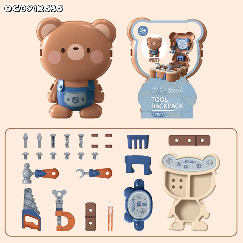 Cartoon Bear Design Backpack Plastic Nuts and Screws Kids Pretend Role Play Hand Tools Toy for Boys Wholesale