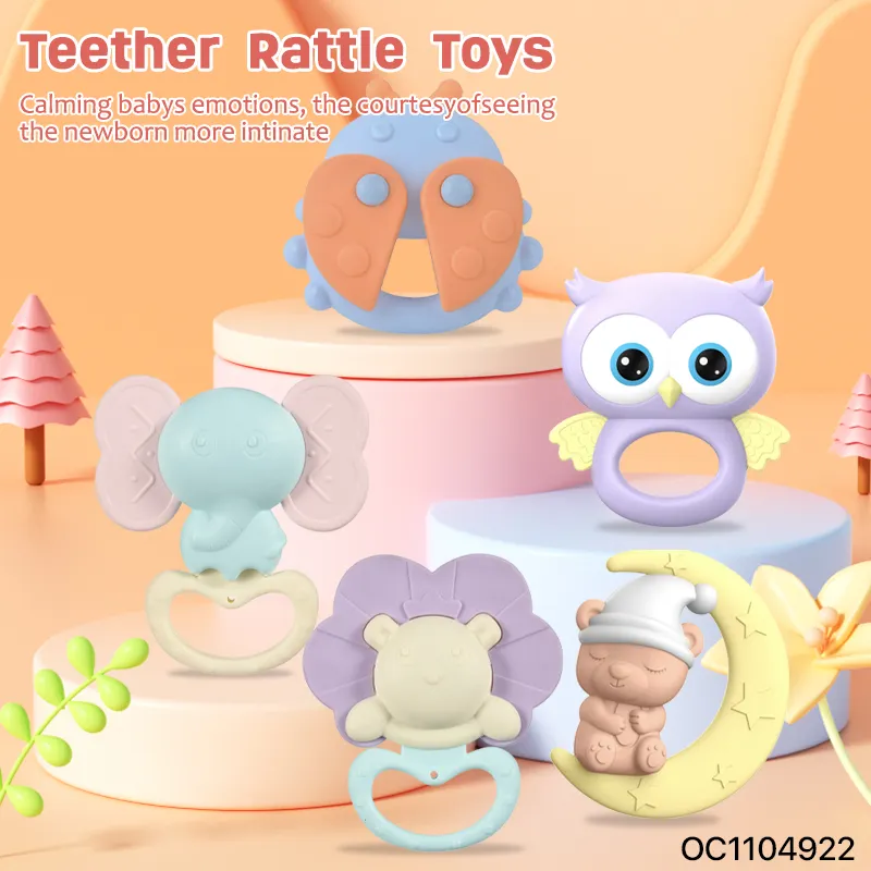 5PCS Educational Animal Soft Silicone Chewing Toys Sound Rattles New Born Babies Cartoon Hand Bell Toys for Sale