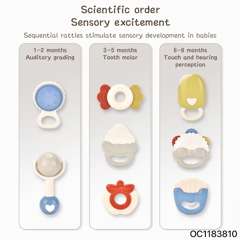 Wholesale Montessori Newborn Gift Set Soft Teether Silicone Plastic Hand Rattle Bell Baby Teether Toy