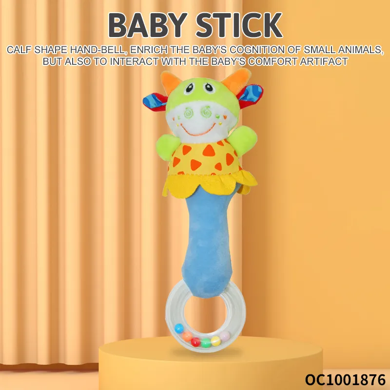Cute Cow Design Easy Grasping Toys Soothing Soft Plush Baby Educational Hand Rattles Toys with Soft Toy Animal Head Design