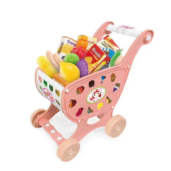 Interactive Plastic Toy Supermarket Trolley Kids Pretend and Play Preschool Toy Shopping Cart Toy with Simulation Plastic Fruit