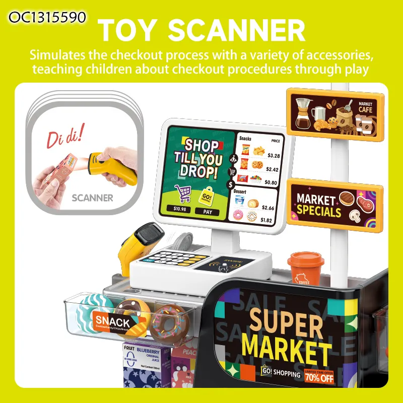 Children Role Play Game Educational Simulation Cashier Toys Equipment Pretend Play Indoor Playground Supermarket Toy with Food