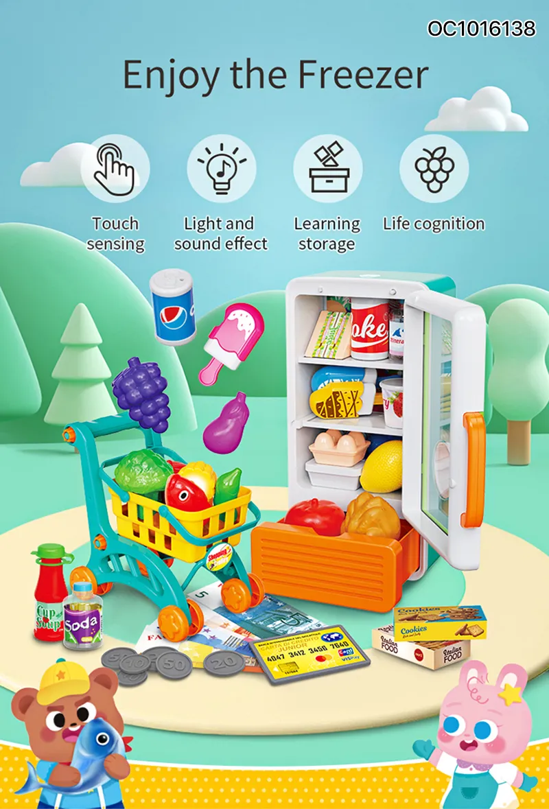 Simulation Food Plastic Toy Electric Mini Refrigerator Pretend City Play Houses with Supermarket Shopping Cart for Kids Children