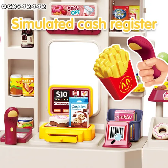 Home Supermarket Pretend Play Checkout Mini Food Set Toy Miniature Plastic Toy with Live Scanner Cash Register Card Reader for Kids