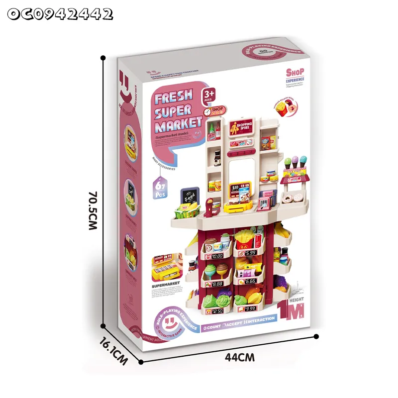 Home Supermarket Pretend Play Checkout Mini Food Set Toy Miniature Plastic Toy with Live Scanner Cash Register Card Reader for Kids