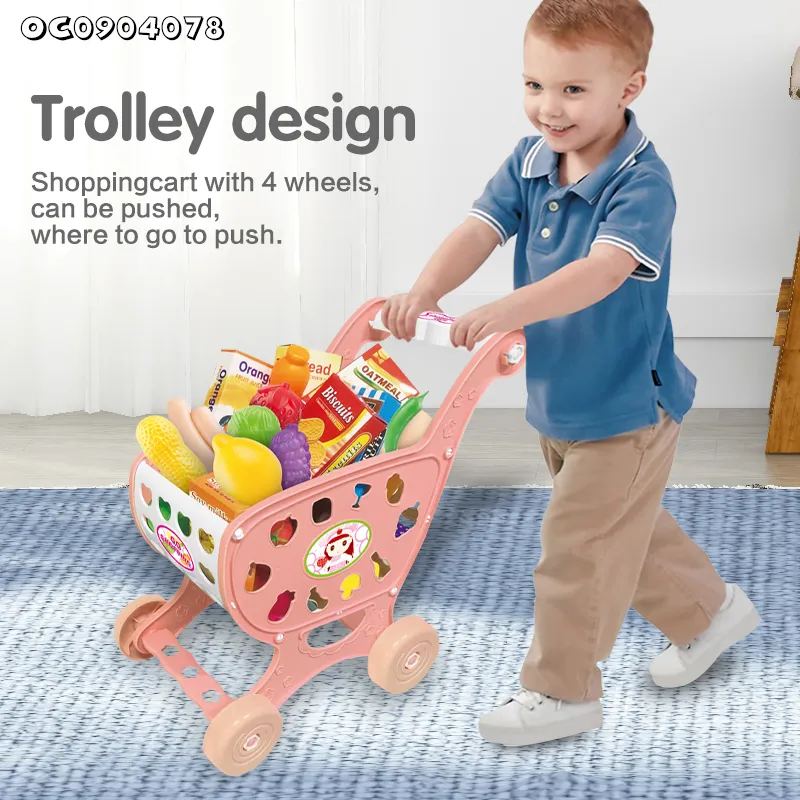 Interactive Plastic Toy Supermarket Trolley Kids Pretend and Play Preschool Toy Shopping Cart Toy with Simulation Plastic Fruit