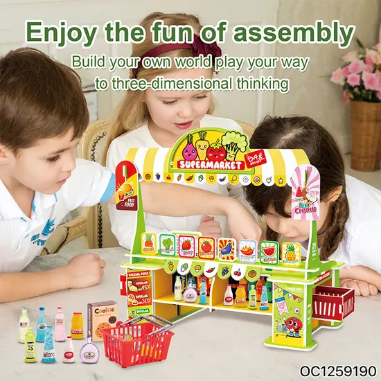 3D Cardboard Building Puzzle Boy and Girls Child Mini Supermarket Shelf Toy Checkout Counter Kitchen Set Toys for Kids