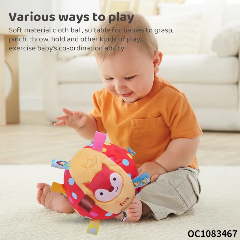 Personalized Cartoon Fox Design Soft Plush Hand Rattle Toy with Sound for New Born Baby Sensory Fidget and Soothing Cloth Ball Toy