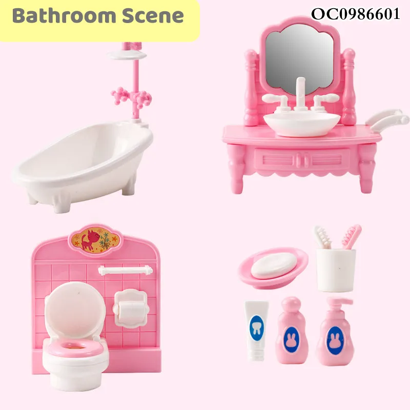 Wholesale Makeup Dressing Plastic Pink Baby Toy Bathroom Bedroom DIY Plastic Doll House Toys Set