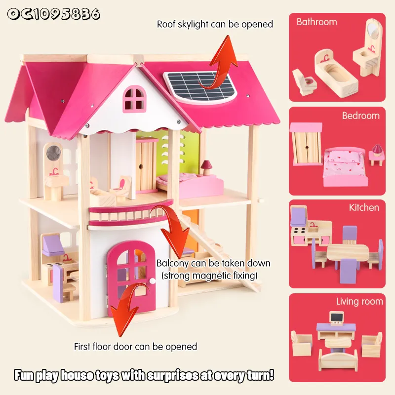 Wholesale Montessori Miniature Wooden Furniture DIY Doll House Family Pretend Set Toy Dollhouse for Children