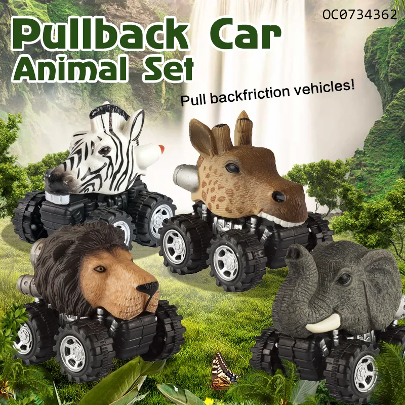 Wholesale Miniature Zebra Elephant Giraffe Lion Plastic Animals Small Pullback Cars Set Toy Car