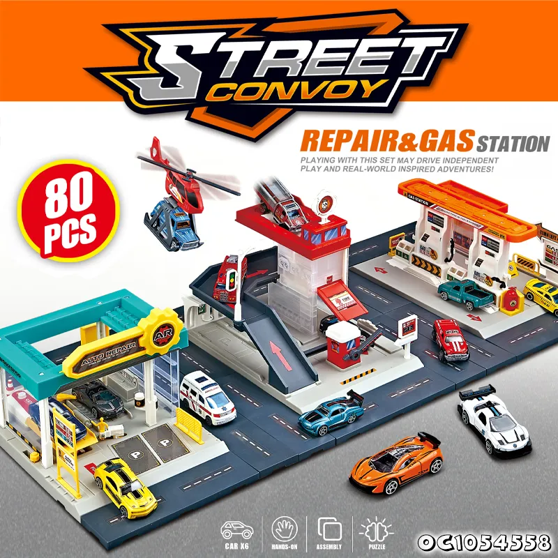 Boys Kids Gift Items Cartoon City Track Parking Lot Toy Gas Station Scenes Railway Racing Car Toys with 2PCS Alloy Car for Sale