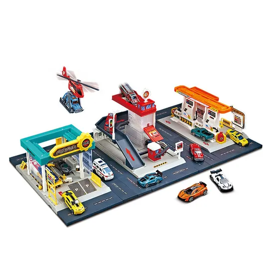 Boys Kids Gift Items Cartoon City Track Parking Lot Toy Gas Station Scenes Railway Racing Car Toys with 2PCS Alloy Car for Sale