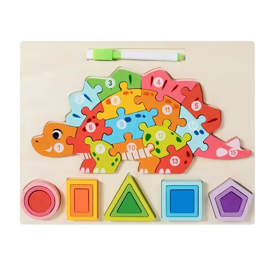 Cognitive Shape Number Block Learning Montessori Wooden High Quality Dinosaur Jigsaw Puzzle Animals Match Board Toy with Drawing Toy