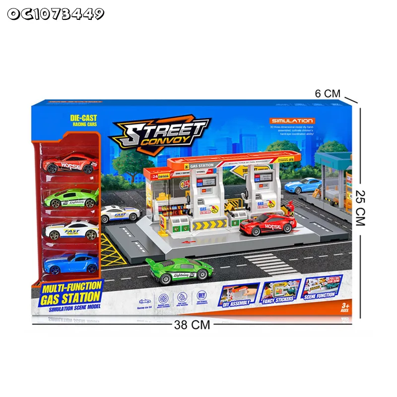 City Scene Simulation Gas and Car Wash Station Model Custom Made Plastic Toy with 4 Pieces Alloy Model Car Game Toy for Boys
