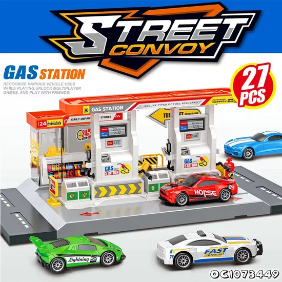 City Scene Simulation Gas and Car Wash Station Model Custom Made Plastic Toy with 4 Pieces Alloy Model Car Game Toy for Boys