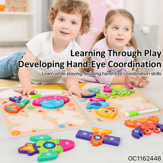 Early Educational Baby Toys Wood 2025 Animal Mix and Match Jigsaw Puzzle Board 3D Cartoon Sea Animal Toy with Erasable Drawing Board