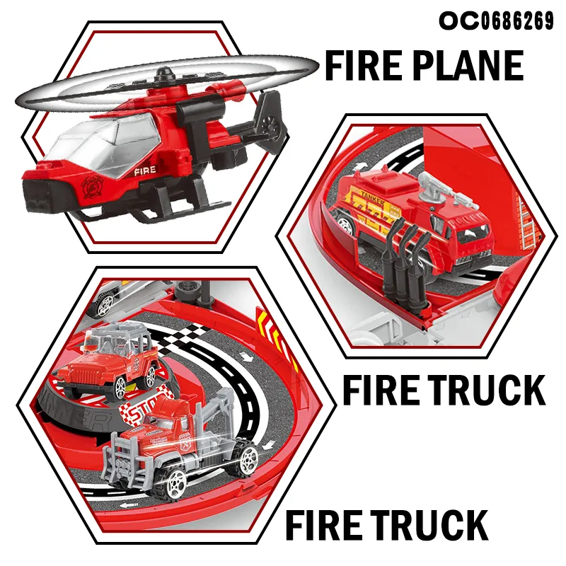 3 Pieces Fire Truck Toy Car Model Diecast Super Parking Lot Toys with Track Rail