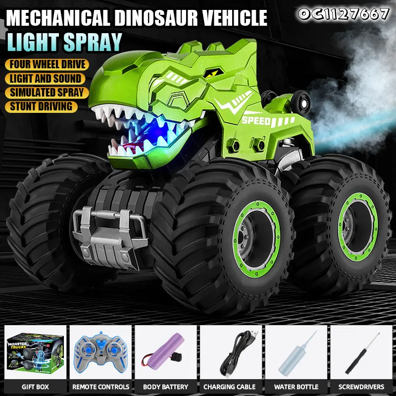 Children Boys Gift Items RC Dinosaur Mechanical Stunt Car 360 Rotating Toys for Kids with Remote Control and LED Music Light