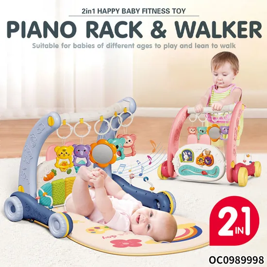 Good Quality 2 in 1 Baby Push Walker Pedal Baby Gym Piano Toys Musical Padded Baby Activity Gym Mat Playmat with Hanging Animals