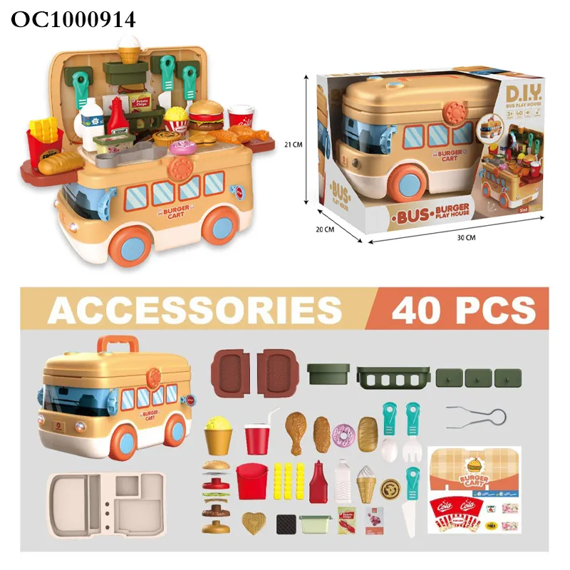 Cartoon Bus Multifunctional Plastic Mobile Kitchen Bus Play Pretend Preschool Fast Food Toys Kids