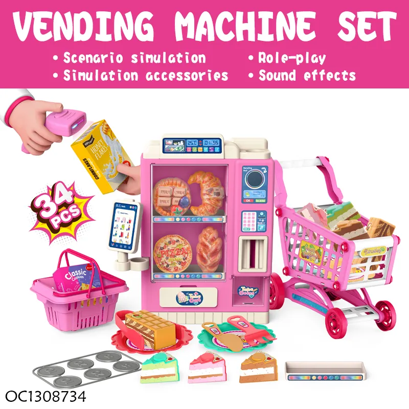 Home Market Game Smallscanner Toy Vending Machine Pretend Play Grocery Store Shopping Carts for Kids with Plastic Deccert