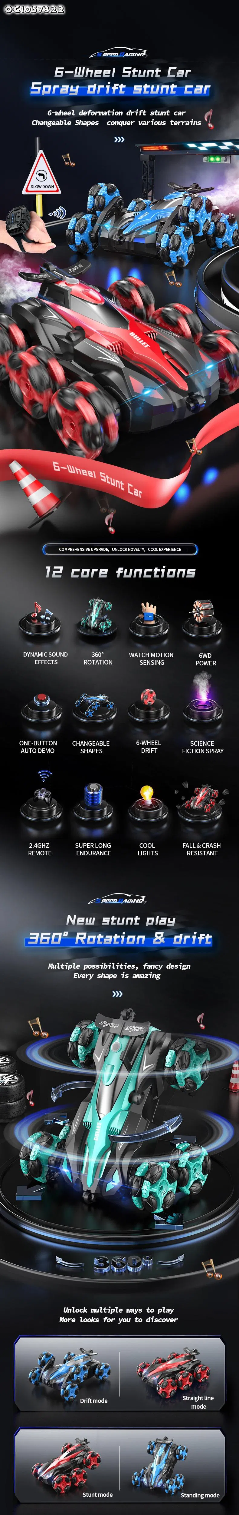 Wholesal LED Lighting Hand Gesture Sensing Remote Control 6 Wheels RC Drift Stunt Car with Music