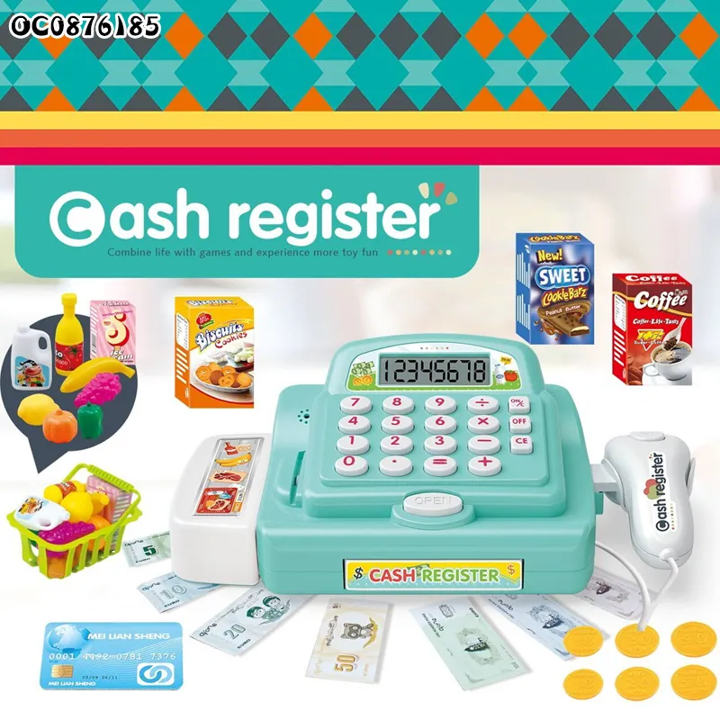 Kids Market Pretend Play Play Cash Register Toy with Scanner with Food