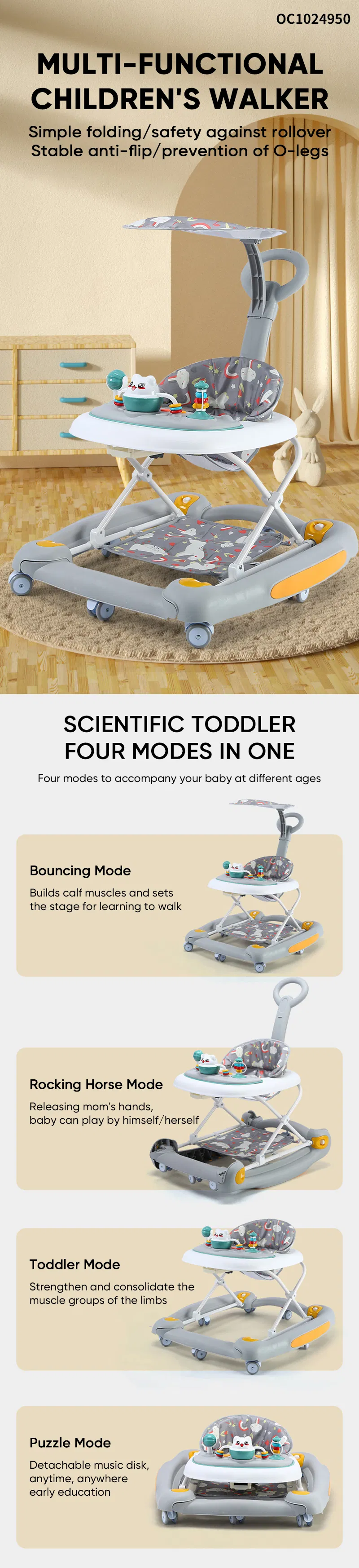 Anti Rollover Sit to Stand Walking Learning High Quality Foldable Multifunction New Baby Walker Round Car with Wheel Music Liqht