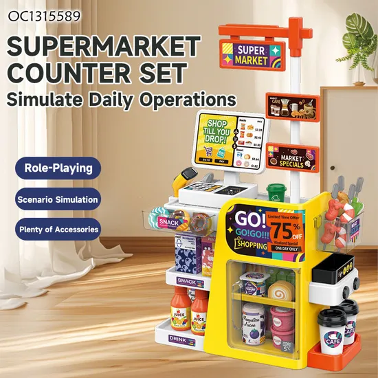 Kids Montessori Role Play Shop Accessories Toys for 4 Years Girl Kitchen Supermarket Cashier Checkout Counter Set Big with Food