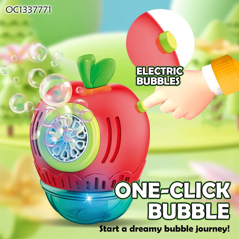 Summer Item Hot Selling Light up Automatic Fruit Design Electric Bubble Blower Machine Kid Outdoor Play Toy with Bubble Solution