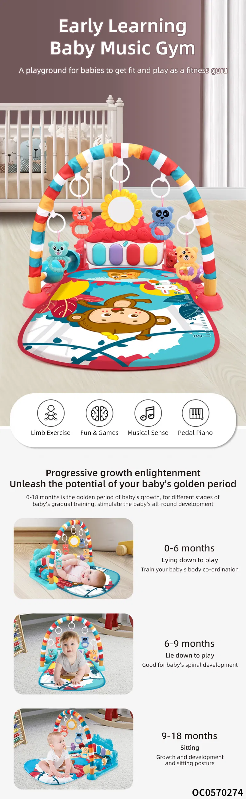 Fitness Gym Pedal Piano and Exercise Activity Crawling Mat Custom Soft Safe Play Floor Mat Baby Musical Mat with Hanging Animals